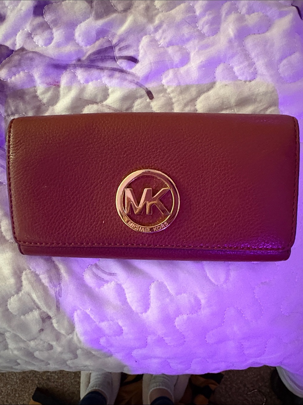 Michael Kors Burgundy Leather Trifold Wallet with Gold MK Emblem